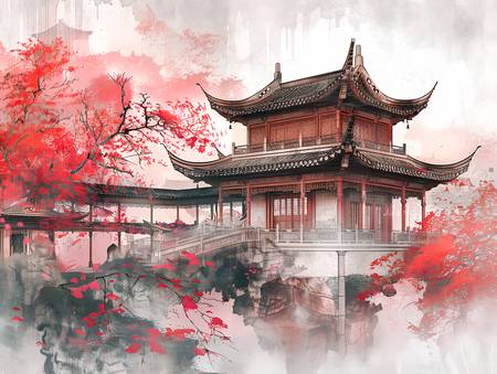 Chinesischer Tempel zur Kirschblüte.