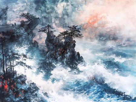 Das Meer bricht an den chinesischen Bergen.