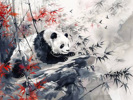 Großer Panda liegt im Bambuswald. Ink Zeichnung.