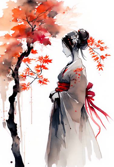 Japanische Geisha mit herbstlichem Ahornbaum. Aquarell