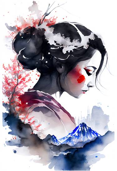 Japanische Geisha mit Sakura Kirschblütenzweig und Fuji Berg. Aquarell