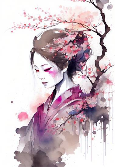 Japanische Kirschblüte. Porträt einer Geisha im Frühling.