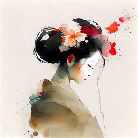 Japanisches Mädchen im Kimono und Blüten im Haar