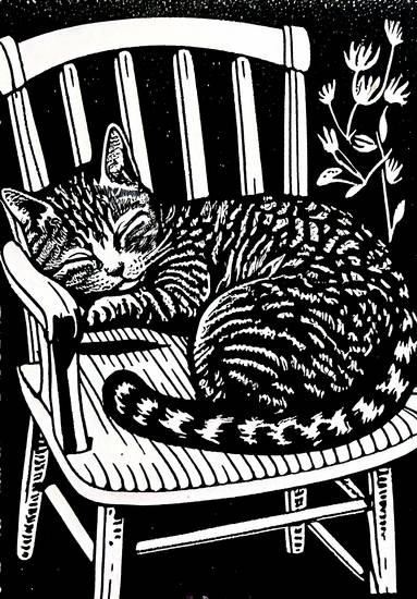 Katze schläft auf Gartenstuhl. Linoldruck