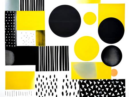 Kontrastreiche Abstraktion: Gelbe, Schwarze und Weiße Kreise und Vierecke im Geometrischen Linolschn