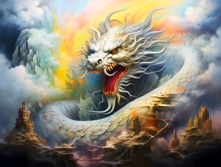 Magischer Drachenflug im Nebelmeer. Jahr des Drachen mit Chinesischem Drachen