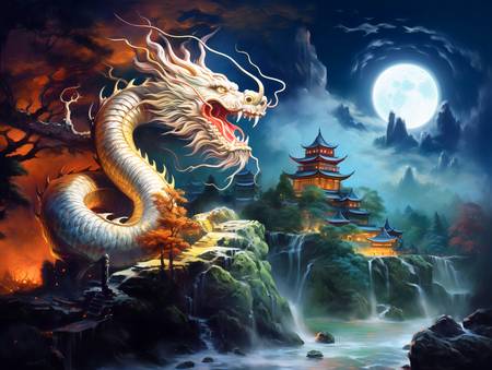 Mystischer Drachenflug über den Bergen. Jahr des Drachen. Chinesischer Drache.