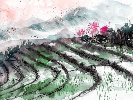 Reisterrassen in China. Ink Zeichnung