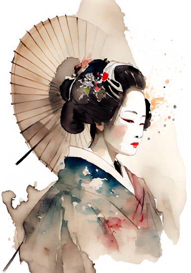 Traditionelle japanische Geisha mit Kimono und Sonnenschirm. Aquarell