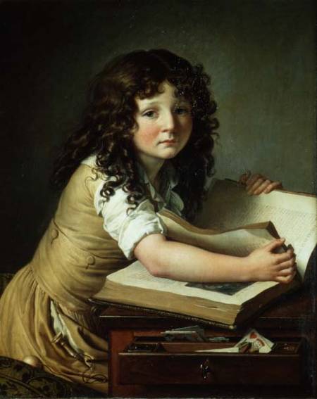 A child looking at pictures in a book from Anne-Louis Girodet de Roucy-Trioson