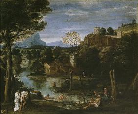 Landscape with river and bathers