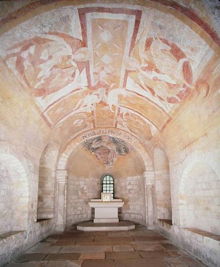The Crypt, from the earlier church of 1030, with frescoes of Christ on a white horse surrounded by a from Anonym Romanisch