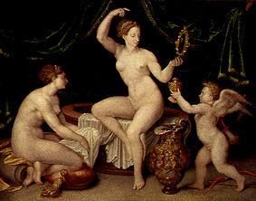 Venus betrachtet sich nach dem Bade im Spiegel, Amor reicht den Salbentiegel from Anonym, Haarlem