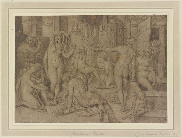 Badestube mit zehn weiblichen Akten und vier nackten Kindern, rechts blickt ein Mann durch die Tür h from Anonym