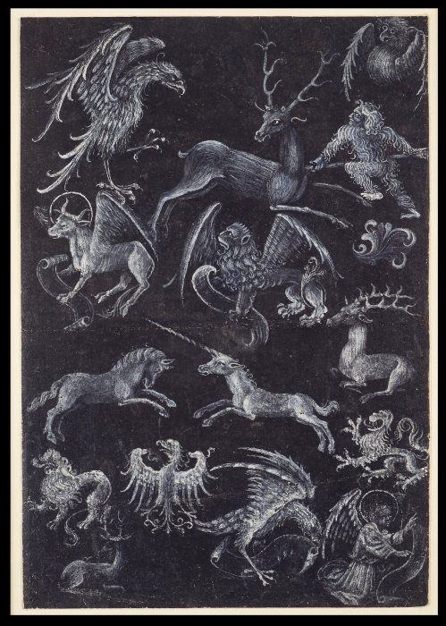 Musterblatt mit Evangelistensymbolen, verschiedenen Tieren und Wildem Mann from Anonym