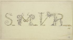 Schriftzug des Namens der Dichterin Sara Maria van Ravestein, die Initialen als allegorische Figuren
