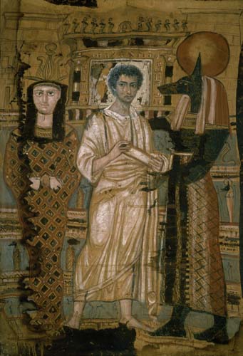Jüngling im Totengewand. Rechts seine Mumie als Osiris, links Gott Anubis. from Anonym (Ägyptisch)