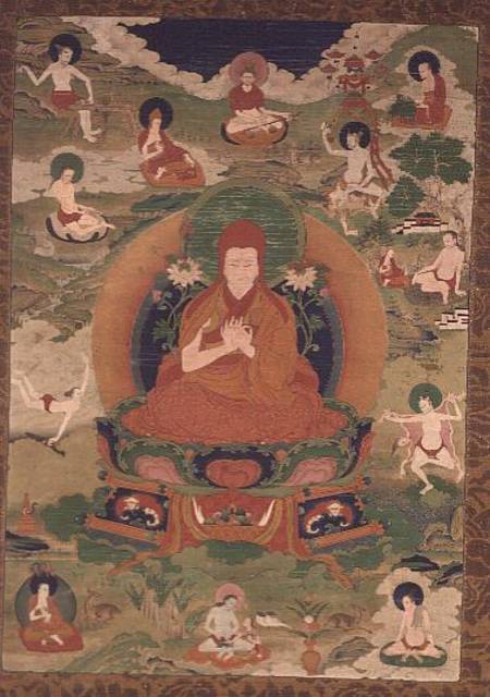 1962.215 Thangka of Sakya Pandita with thirteen figures including lineage Lamas and Mahasiddhas from Anonymous