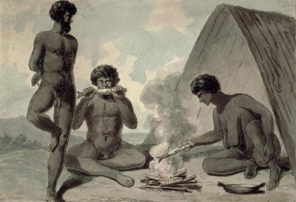 Aborigines eating fish in front of a campfire, possibly by Philip Gidley King (1758-1808) (w/c) from Anonymous