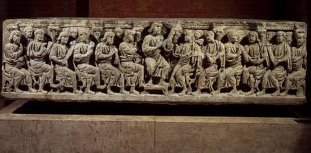 Christ seated and teaching surrounded by the Apostles, marble christian sarcophagus, acquired from t from Anonymous