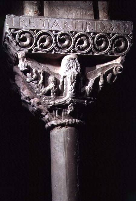 Column capital depicting the crucifixion of St. Peterfrom the cloister from Anonymous