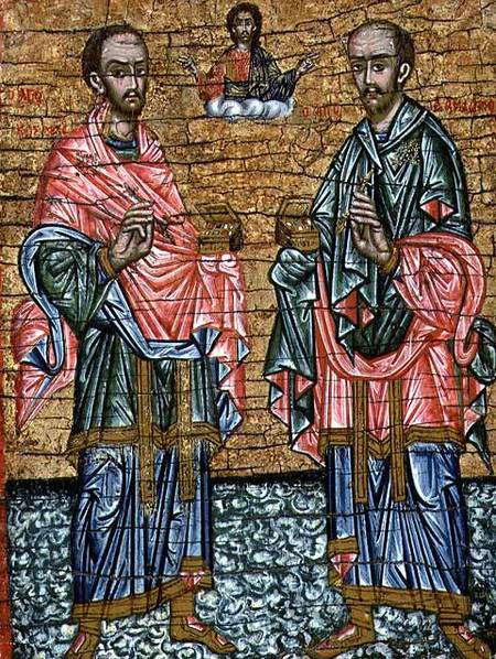 St. Cosmas and St. Damian, patron saints of doctors,Cretan icon from Anonymous