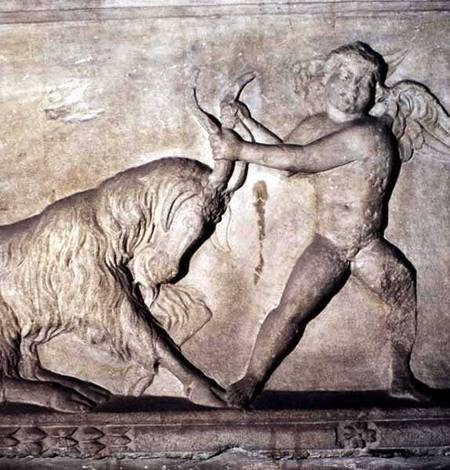 Detail from a Greek sarcophagus from Lydia depicting a putto wrestling with a goat from Anonymous
