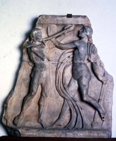 Fragment of a sarcophagus with a youth and a bacchanteRoman from Anonymous