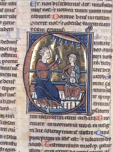Historiated initial 'C' depicting two musicians, one playing the viol and the other the bell chimes from Anonymous