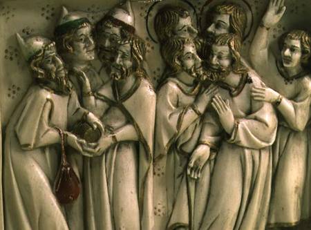 Judas receiving thirty pieces of silver, detail of ivory diptych,French from Anonymous