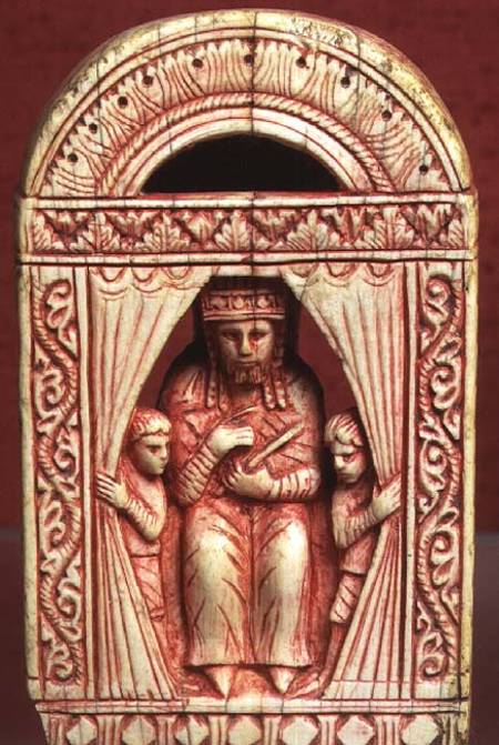 King chess piece, showing an enthroned figure in a curtained alcove with two attendants,Italian from Anonymous