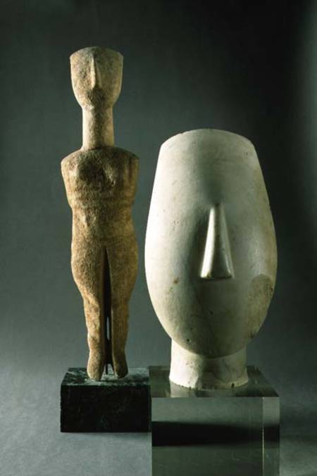 (Lto R) Figurine with crossed arms, Cycladic; head of a woman, fragment of a statue,from Keros from Anonymous