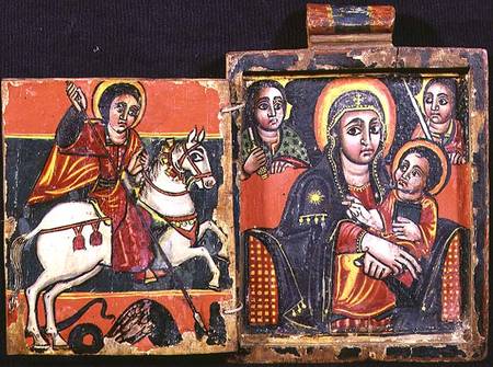 Madonna and child and St.George and the Dragon, double sided diptych (obverse),Ethiopian Coptic icon from Anonymous