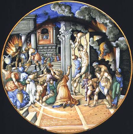 Maiolica plate depicting the burning of Troy with Aeneas carrying his father Anchises on his back wi from Anonymous