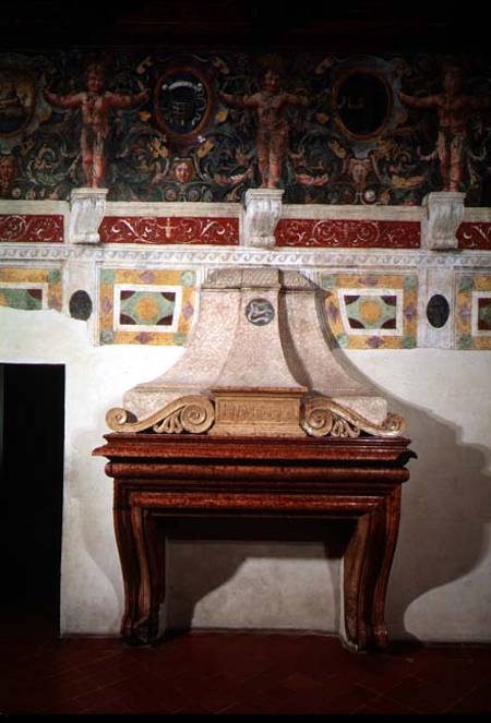 Marble fireplace bearing the initials 'F.II.M.M.V' signifying Federigo Gonzaga II Marchese of Mantua from Anonymous