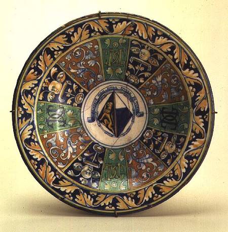 Plate, with conjugal coat of arms of a widow, from the workshop of Antoine Sigalon (1524-90),Nimes from Anonymous