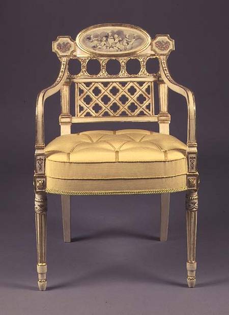 Recency armchair, cream-painted,parcel-gilt frame with grisaille painting of cherubs on oval tablet from Anonymous