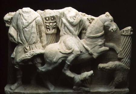 Roman fragmentary relief from a large sarcophagus depicting a boar hunt in high relief from Anonymous