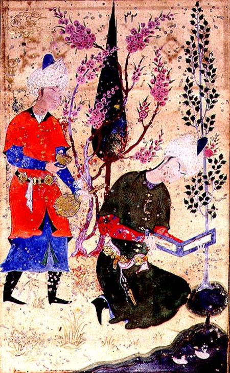 A seated prince reading whilst a servant serves wine, Persian, Bokhara School from Anonymous