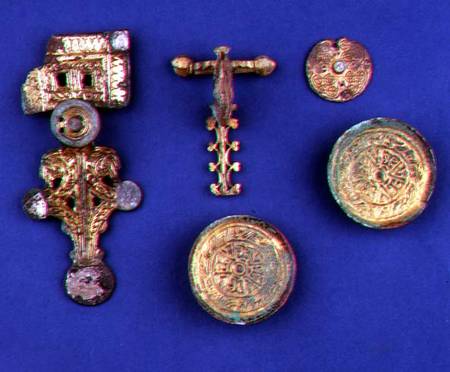 Selection of Anglo-Saxon jewellery; gilded bronze brooch; gilded bronze crossbow fibula; gilded copp from Anonymous