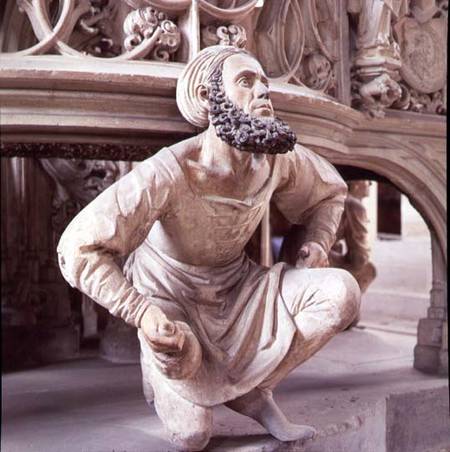 Self portrait of Adam Krafft (1460-1508) sculpture at the base of the ciborium from Anonymous