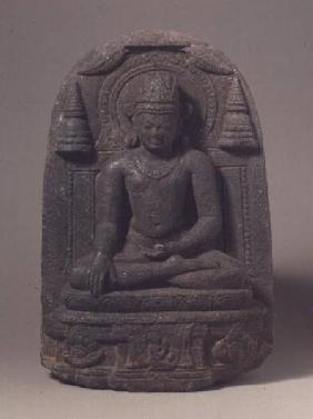 1963-30 Carved figure of a seated crowned Buddha in royal preaching posture from Bihar