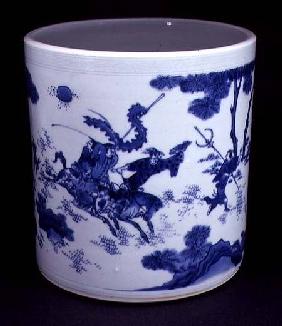 Blue and White Brushpot, painted with horsemen, Chinese,Transitional period
