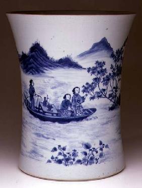 Blue and White Brushpot, painted with ladies in a punt, Chinese,Transitional period