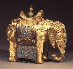 Chinese gilt-bronze figure of an elephant, with enamel trappings and coral and turquoise cabochons,