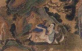Erotic depiction of lovers using a reclining horse as a bed, from a series depicting the lives of Mo