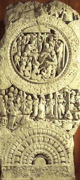Greenish limestone carving depicting a story from the Jatakas, Amaravati,AP