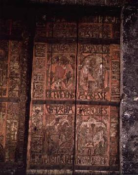 Scenes from the Infancy of Christ, with pseudo-Kufic script,doors with figures in low relief