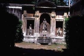 View of the gardendetail of fountain with Roman sarcophagus and statuary