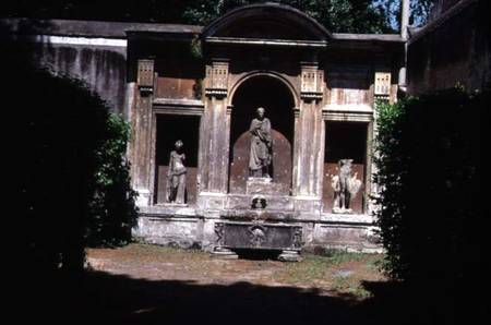 View of the gardendetail of fountain with Roman sarcophagus and statuary from Anonymous